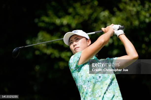 Erina Hara of Japan hits her tee shot on the 2nd hole during the final round of Castrol Ladies at Fuji Ichihara Golf Club on July 29, 2022 in...