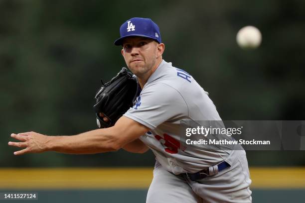 Starting pitcher Tyler Anderson of the Los Angeles Dodgers throws against the Colorado Rockies in the first inning at Coors Field on July 28, 2022 in...