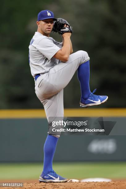 Starting pitcher Tyler Anderson of the Los Angeles Dodgers throws against the Colorado Rockies in the first inning at Coors Field on July 28, 2022 in...