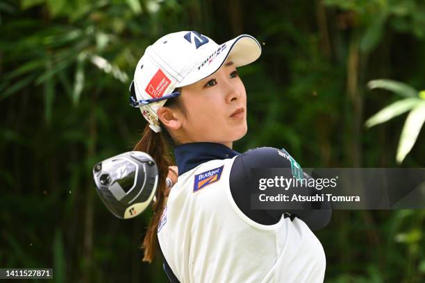 Rei Matsuda of Japan hits her tee shot on the 13th hole during the second round of Rakuten Super Ladies at Tokyu Grand Oak Golf Club on July 29, 2022...