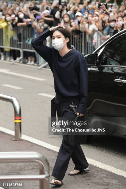 Group member Suga shot before rehearsals for KBS "Music Bank" at KBS new hall in Yeouido, Seoul, on June 10, 2022 in Seoul, South Korea.