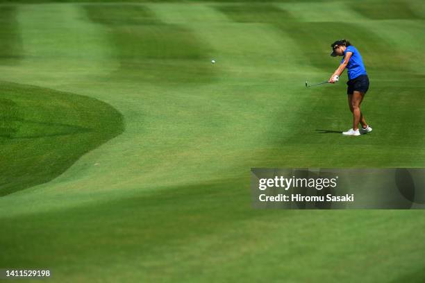Momoko Ueda of Japan hits her second shot on the 5th hole during the second round of Rakuten Super Ladies at Tokyu Grand Oak Golf Club on July 29,...