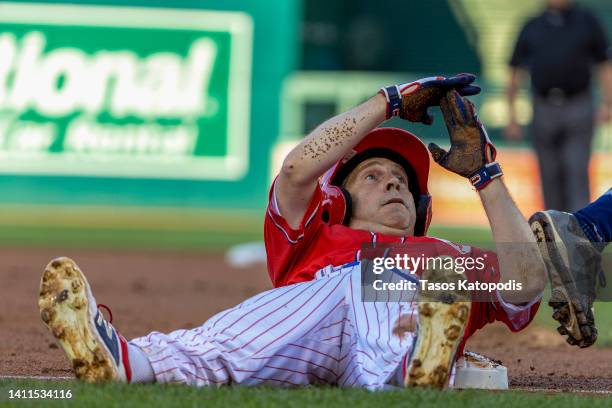 Rep. Chuck Fleischmann slides into third base during the Congressional Baseball Game for Charity at Nationals Park July 28, 2022 at Nationals Park in...