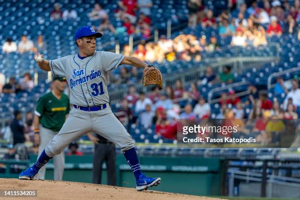 Rep. Pete Aguilar pitches during the Congressional Baseball Game for Charity at Nationals Park July 28, 2022 at Nationals Park in Washington, DC. The...