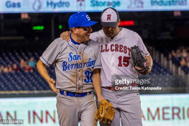 Rep. Pete Aguilar and Rep. Colin Allred during the Congressional Baseball Game for Charity at Nationals Park July 28, 2022 at Nationals Park in...