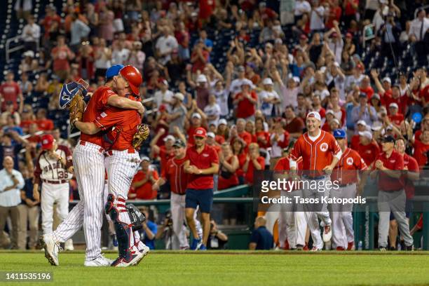 Rep. August Pfluger and Rep. Rodney Davis celebrates after the Congressional Baseball Game for Charity at Nationals Park July 28, 2022 at Nationals...