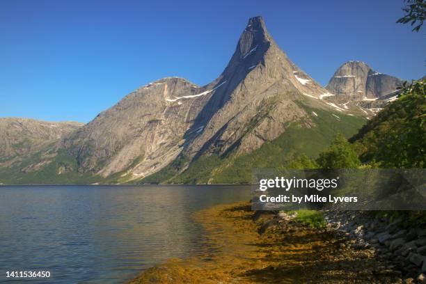 the matterhorn of norway, stetind, as seen from the shore of the tysfjord - stetind stock pictures, royalty-free photos & images