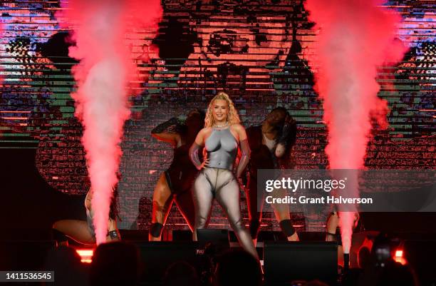 Iggy Azalea performs during the opening night of Pitbull's "Can't Stop Us Now" summer tour at Coastal Credit Union Music Park at Walnut Creek on July...