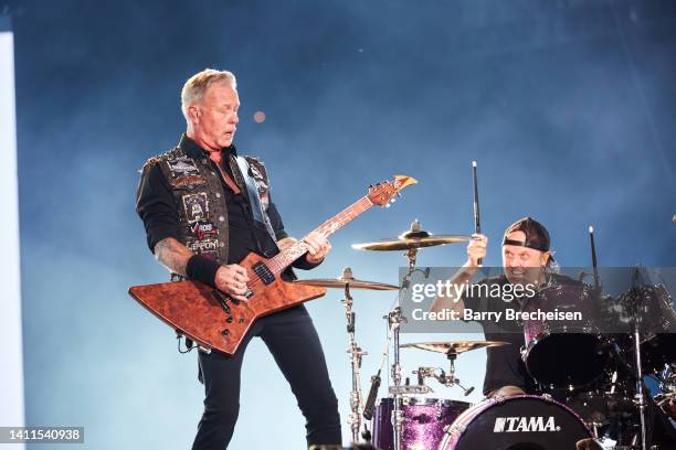 James Hetfield and Lars Ulrich of Metallica perform on day one of 2022 Lollapalooza at Grant Park on July 28, 2022 in Chicago, Illinois.