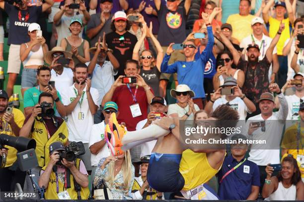 Armand Duplantis of Team Sweden celebrates after setting a world record and winning gold in the Men's Pole Vault Final on day ten of the World...