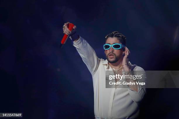 Bad Bunny performs during his concert, "Un Verano Sin Ti" at Coliseo de Puerto Rico José Miguel Agrelot on July 28, 2022 in San Juan, Puerto Rico.