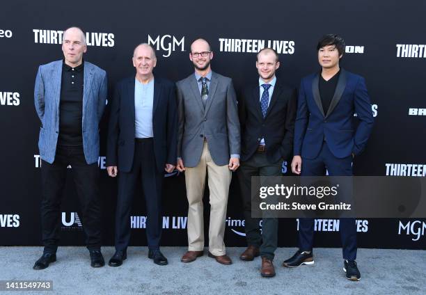 Rick Stanton, Vernon Unsworth, Josh Bratchley, Connor Roe and Thanet Natisri arrives at the Premiere Of Prime Video's "Thirteen Lives" at Westwood...