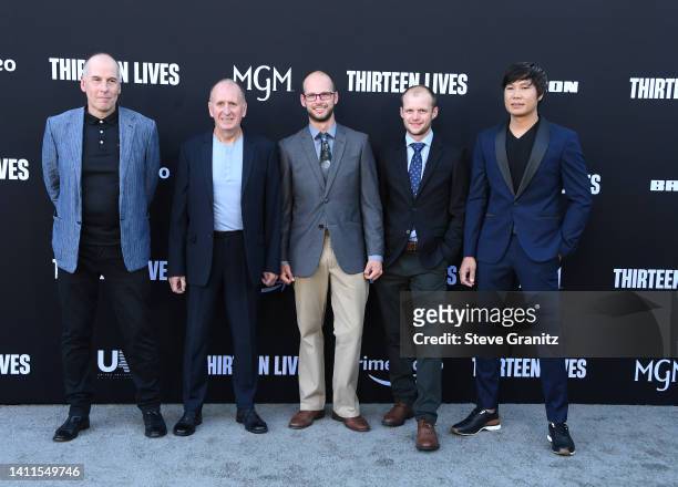 Rick Stanton, Vernon Unsworth, Josh Bratchley, Connor Roe and Thanet Natisri arrives at the Premiere Of Prime Video's "Thirteen Lives" at Westwood...