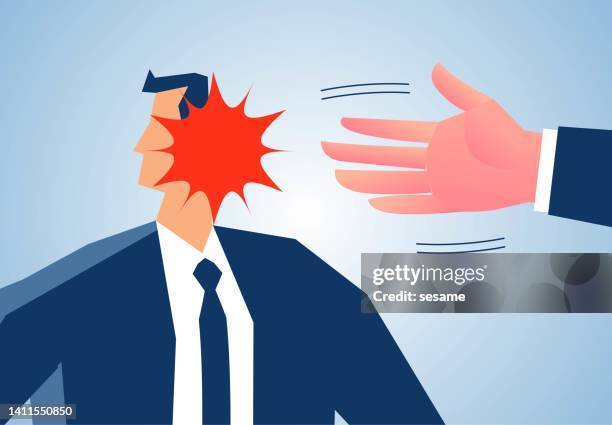 big hand slaps businessman on face, punishment and beating, big business versus small business, manager bullying his subordinates - slapping 幅插畫檔、美工圖案、卡通及圖標