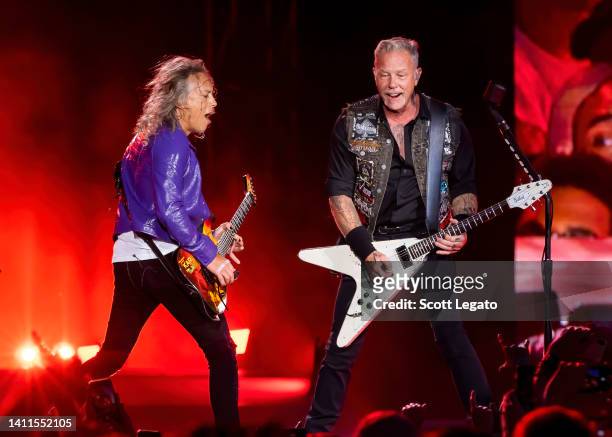 Kirk Hammett and James Hetfield of Metallica performs on day 1 of Lollapalooza at Grant Park on July 28, 2022 in Chicago, Illinois.