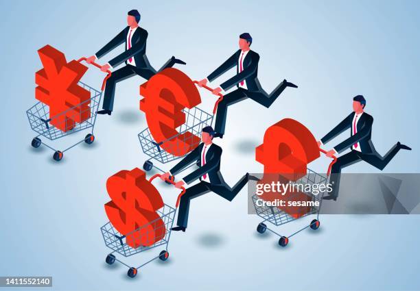 international financial economy business circulation currency, overseas business financial investment, money financial fund financial management, isometric running businessman pushing a shopping cart with currency symbols - pound sterling symbol stock illustrations