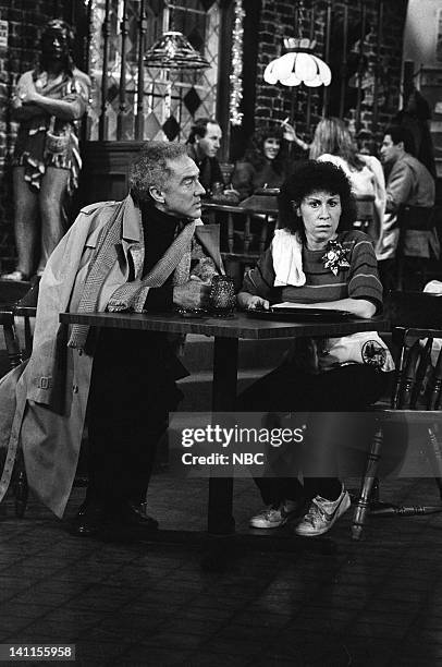 The Spy Who Came in for a Cold One" Episode 12 -- Air Date -- Pictured: Ellis Rabb as Eric Finch, Rhea Perlman as Carla Tortelli-- Photo by: Paul...