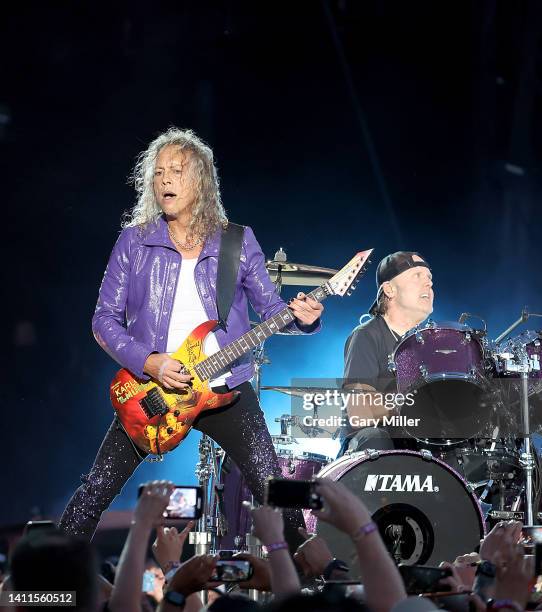 Kirk Hammett and Lars Ulrich of Metallica perform in concert during day 1 of Lollapalooza at Grant Park on July 28, 2022 in Chicago, Illinois.