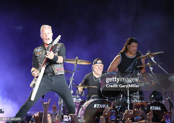 James Hetfield, Robert Trujillo and Lars Ulrich of Metallica performs in concert during day 1 of Lollapalooza at Grant Park on July 28, 2022 in...