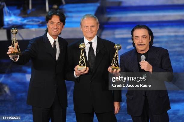 Giulio Base,Terence Hill and Nino Frassica attend 'Premio TV 2012' Ceremony Award held at Teatro Ariston on March 11, 2012 in Sanremo, Italy.