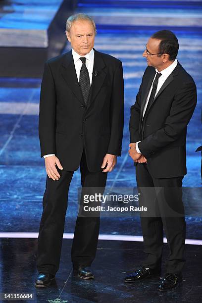 Terence Hill and Carlo Conti attend 'Premio TV 2012' Ceremony Award held at Teatro Ariston on March 11, 2012 in Sanremo, Italy.