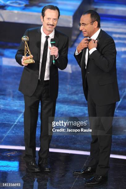 Rocco Papaleo and Carlo Conti attend 'Premio TV 2012' Ceremony Award held at Teatro Ariston on March 11, 2012 in Sanremo, Italy.