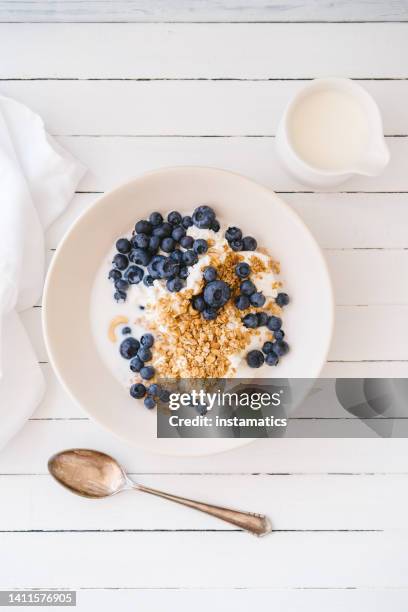 quark mit müsli und heidelbeeren - quark stock-fotos und bilder