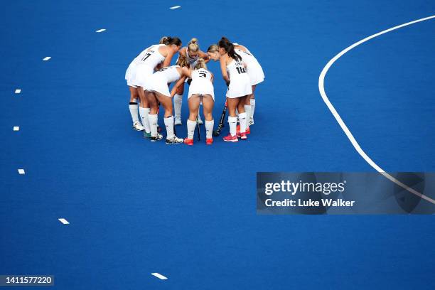 Team New Zealand huddle during Women's Hockey - Women's Pool B on day one of the Birmingham 2022 Commonwealth Games at University of Birmingham...