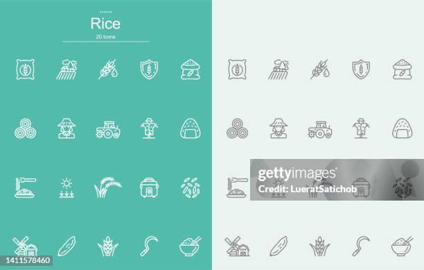 ilustraciones, imágenes clip art, dibujos animados e iconos de stock de iconos de la línea de arroz - arroz