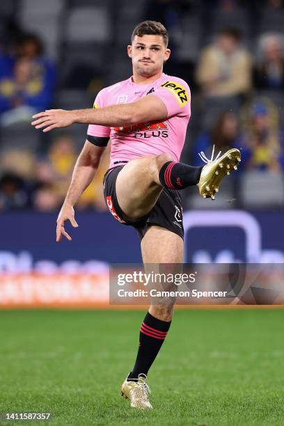 Nathan Cleary of the Panthers warms u during the round 20 NRL match between the Parramatta Eels and the Penrith Panthers at CommBank Stadium, on July...