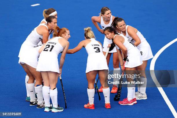 Team New Zealand huddle during Women's Hockey - Women's Pool B on day one of the Birmingham 2022 Commonwealth Games at University of Birmingham...