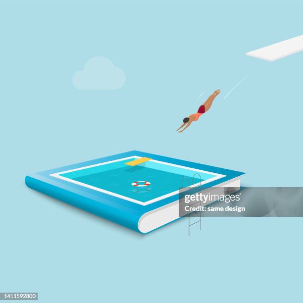 knowledge jumping in swimming pool book - returning book stock illustrations