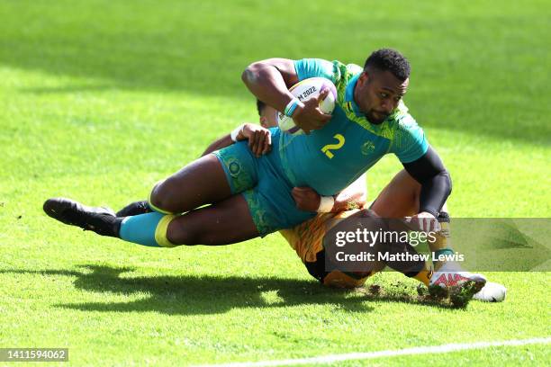 Samu Kerevi of Team Australia competes during the Men's Rugby Sevens Pool D match between Team Australia and Team Jamaica on day one of the...