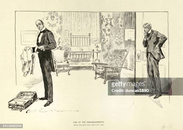 stockillustraties, clipart, cartoons en iconen met man embarrassed by a valet unpacking his case, american high society 1890s - valet