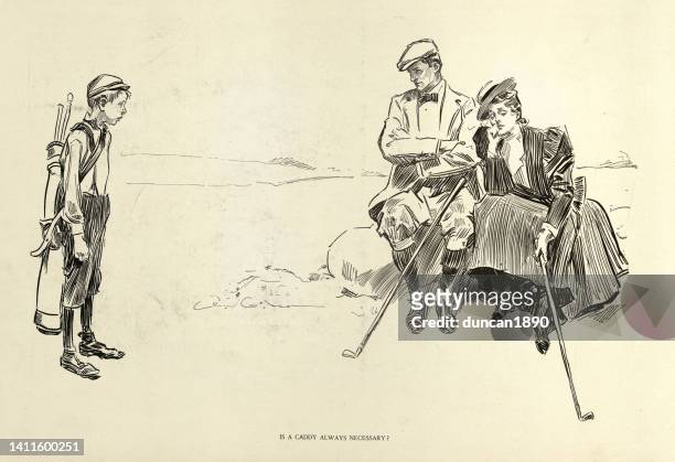 stockillustraties, clipart, cartoons en iconen met caddy stifling a budding romance during a game of golf, late victorian, 1890s - golf caddy