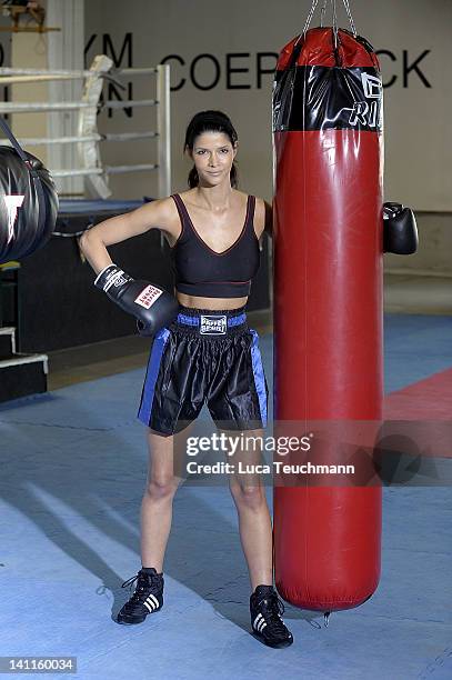 Model Micaela Schaefer trains for a tv celebrity boxing show at the Box Gym Koepenick on March 11, 2012 in Berlin, Germany.