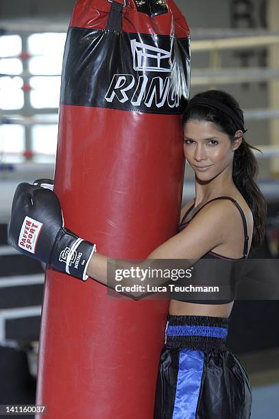 Model Micaela Schaefer trains for a tv celebrity boxing show at the Box Gym Koepenick on March 11, 2012 in Berlin, Germany.