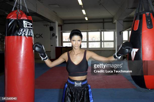 Model Micaela Schaefer trains for a tv celebrity boxing show at the Box Gym Koepenick on March 11, 2012 in Berlin, Germany.