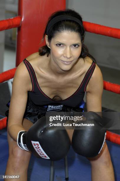 Model Micaela Schaefer trains for a tv celebrity boxing show at the Box Gym Koepenick on March 11, 2012 in Berlin, Germany.