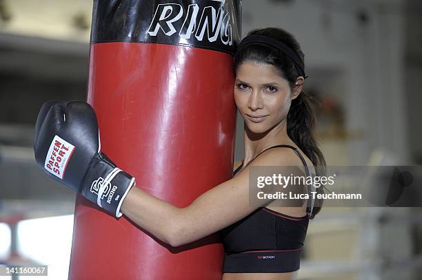 Model Micaela Schaefer trains for a tv celebrity boxing show at the Box Gym Koepenick on March 11, 2012 in Berlin, Germany.