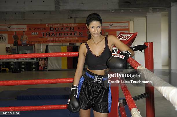 Model Micaela Schaefer trains for a tv celebrity boxing show at the Box Gym Koepenick on March 11, 2012 in Berlin, Germany.