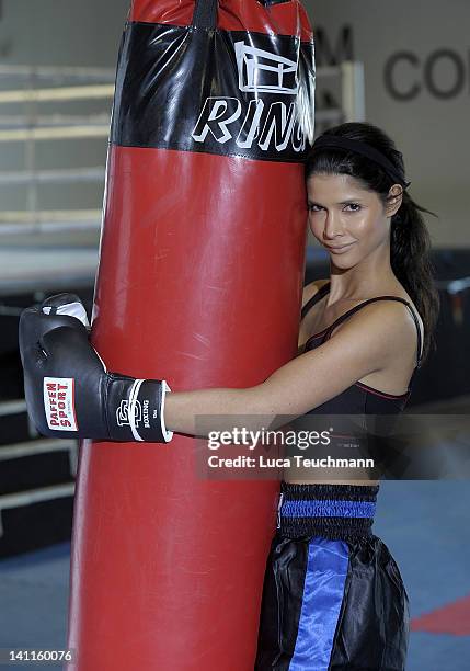 Model Micaela Schaefer trains for a tv celebrity boxing show at the Box Gym Koepenick on March 11, 2012 in Berlin, Germany.