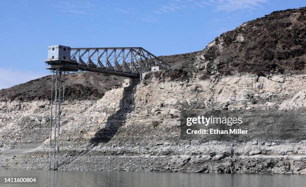 The old Basic Management Inc. Intake pipe at Saddle Island, the first ever "straw" put into Lake Mead to bring water to Las Vegas, is shown on July...