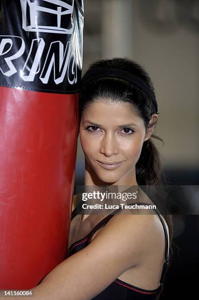 Model Micaela Schaefer trains for a tv celebrity boxing show at the Box Gym Koepenick on March 11, 2012 in Berlin, Germany.