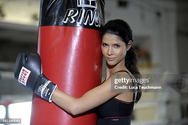 Model Micaela Schaefer trains for a tv celebrity boxing show at the Box Gym Koepenick on March 11, 2012 in Berlin, Germany.