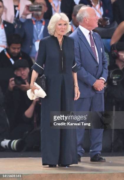 Camilla, Duchess of Cornwall attends the 2022 Commonwealth Games opening ceremony at Alexander Stadium on July 28, 2022 in Birmingham, England.