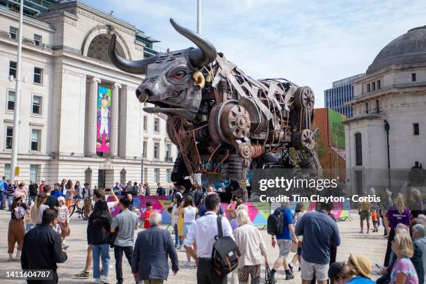 The mechanical 'Birmingham Bull' attracting attention while on display in Centenary Square, Birmingham City Centre after its performance in the...