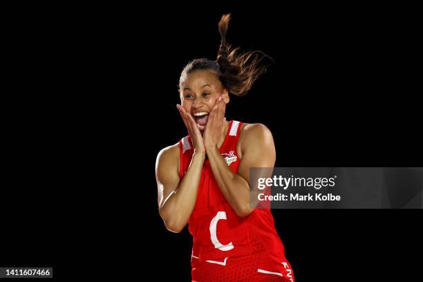 Laura Malcolm of Team England reacts during the Netball Pool B match between Team England and Team Trinidad and Tobago on day one of the Birmingham...