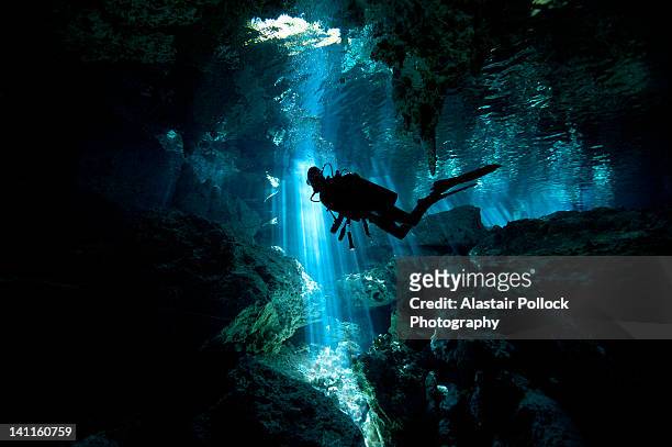 scuba diver inside cenote in mexico - diving equipment stock pictures, royalty-free photos & images