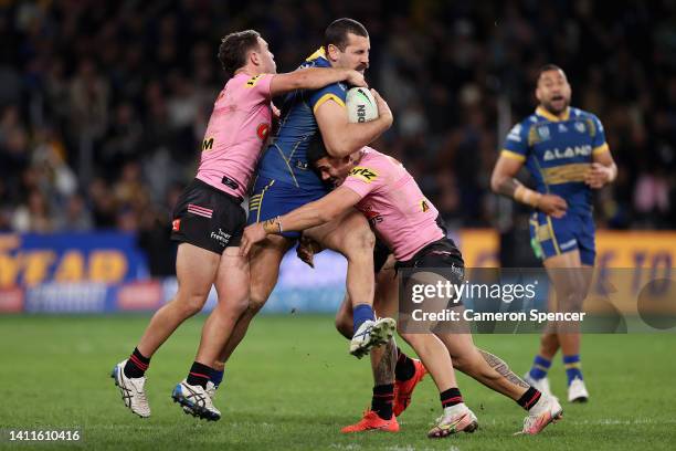 Reagan Campbell-Gillard of the Eels is tackled during the round 20 NRL match between the Parramatta Eels and the Penrith Panthers at CommBank...